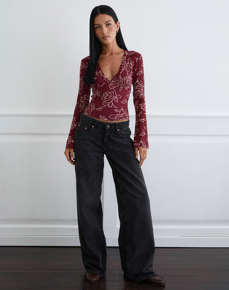 Emesy Long Sleeve Top in Outline Rose Marooon