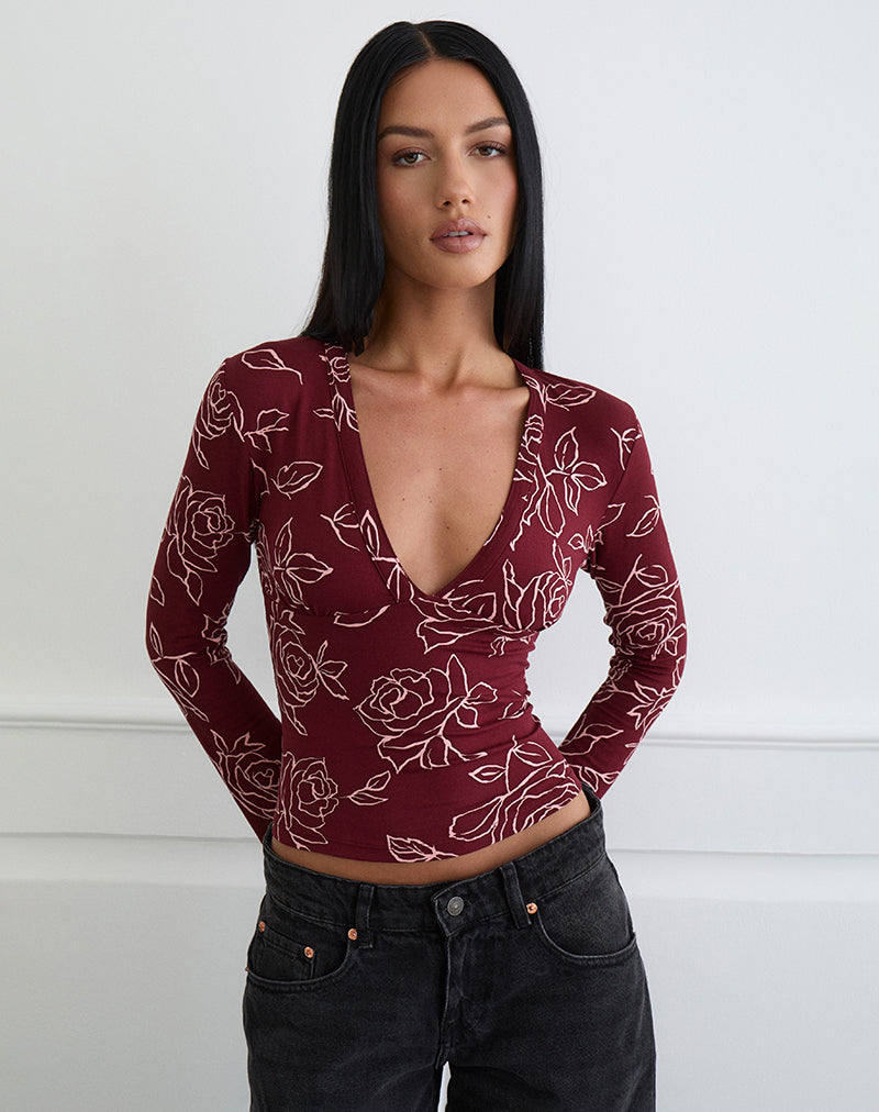Emesy Long Sleeve Top in Outline Rose Marooon