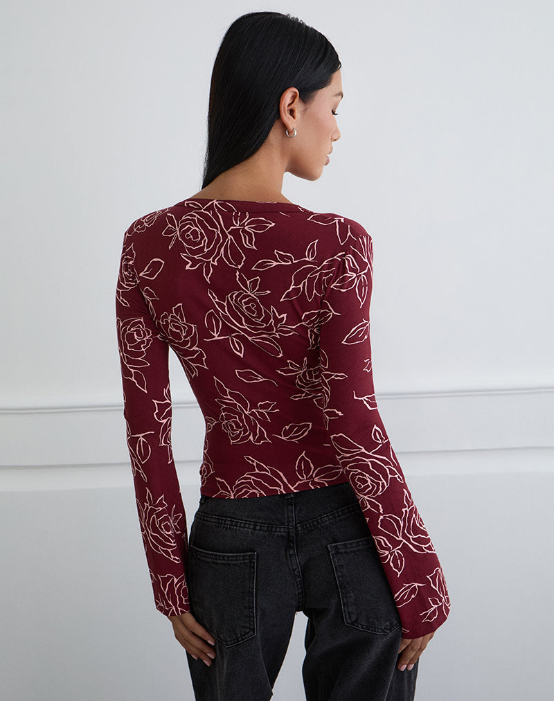 Emesy Long Sleeve Top in Outline Rose Marooon