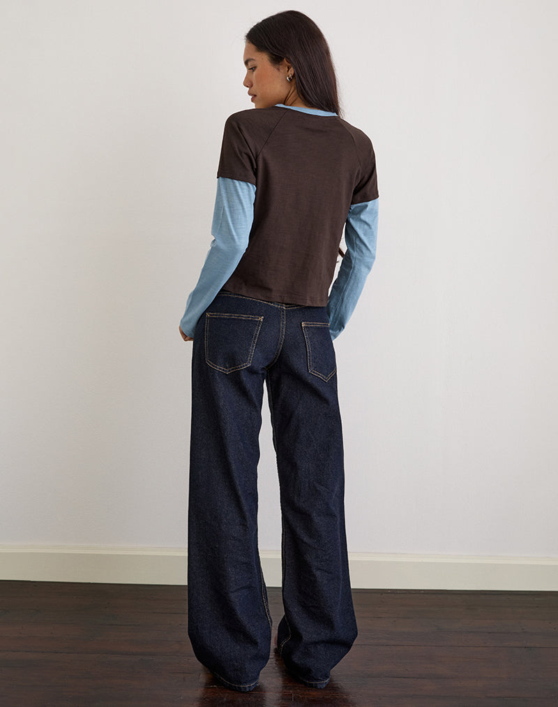 Enid Layered T-Shirt in Chocolate Brown and Light Blue