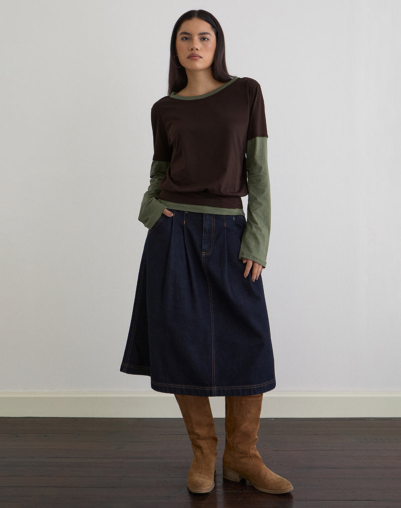 Enidy Long Sleeve Top in Jersey Chocolate and Khaki Combo