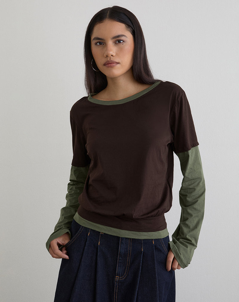 Enidy Long Sleeve Top in Jersey Chocolate and Khaki Combo