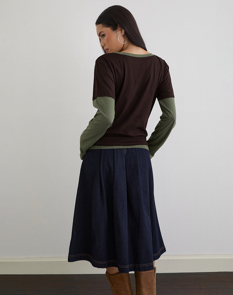Enidy Long Sleeve Top in Jersey Chocolate and Khaki Combo