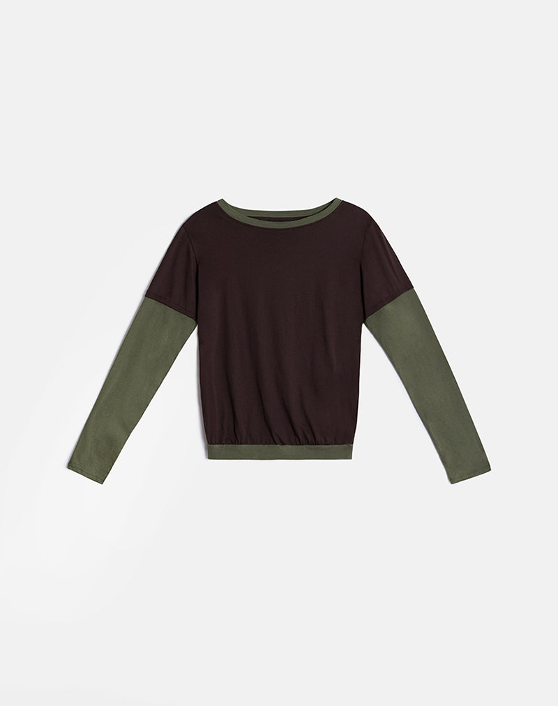 Enidy Long Sleeve Top in Jersey Chocolate and Khaki Combo