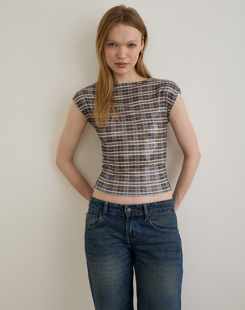 Erica Top in Sequin Vintage Check Brown