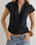 Estu Blouse with Centre Front Frill in Poplin Black