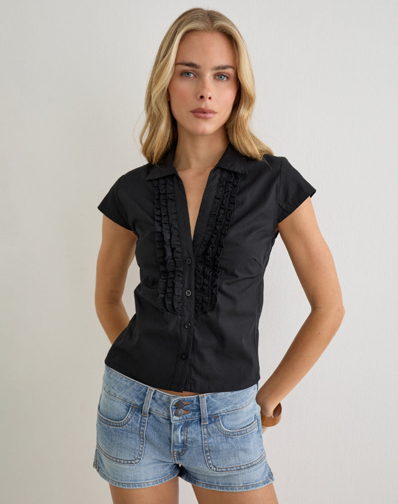 Estu Blouse with Centre Front Frill in Poplin Black