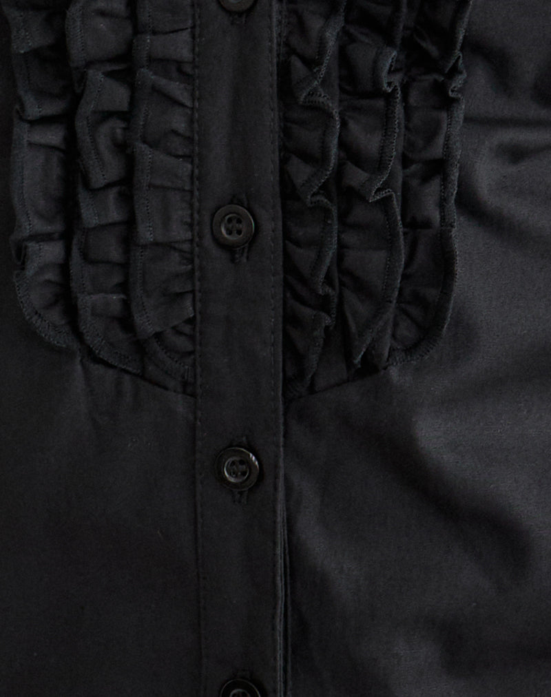 Estu Blouse with Centre Front Frill in Poplin Black