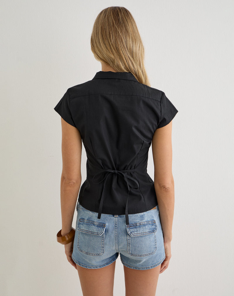 Estu Blouse with Centre Front Frill in Poplin Black