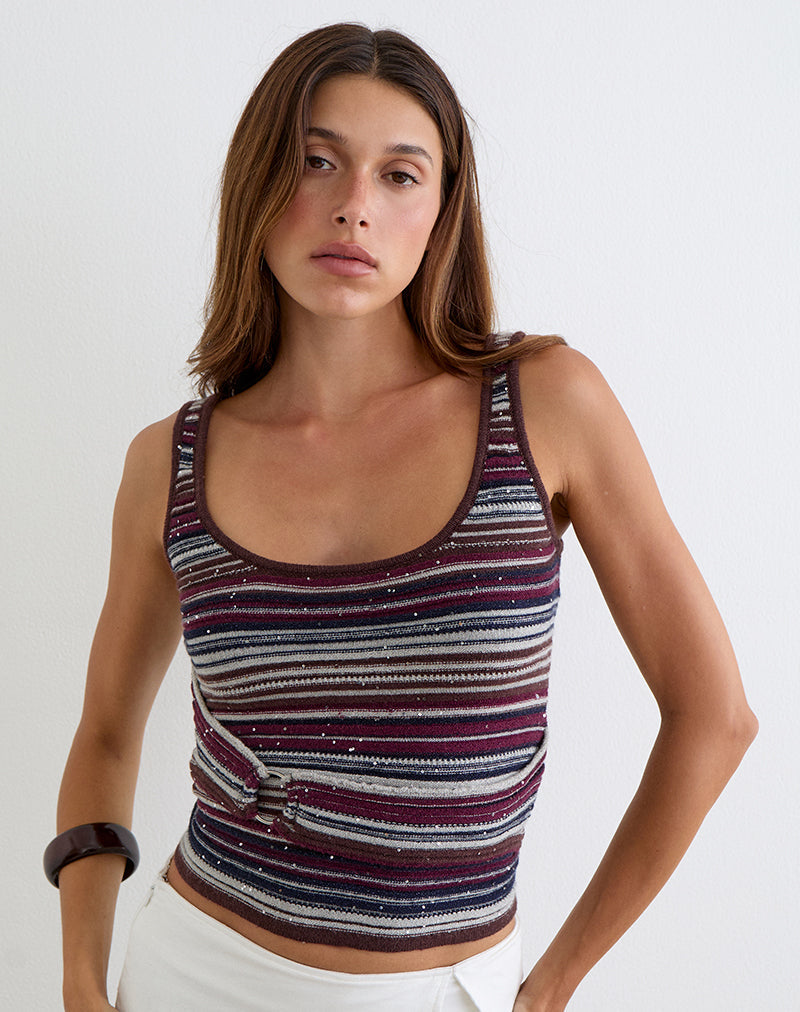 Feraya Top in Horizontal Stripe Maroon Navy Shimmer