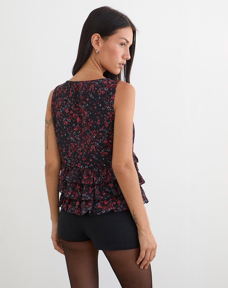 Gendhis Vest Top in Chiffon Scattered Floral Black and Red