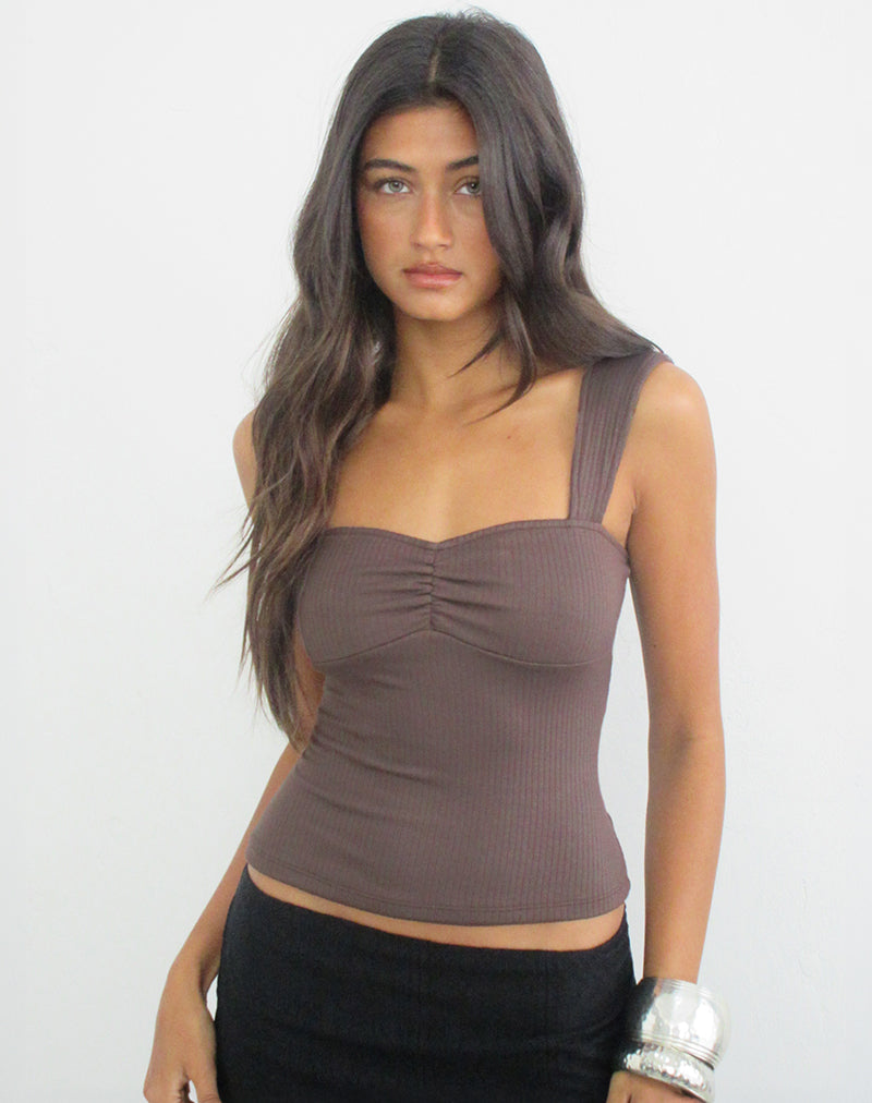 Gincu Ruched Top in Thick Ribbed Coffee Quartz