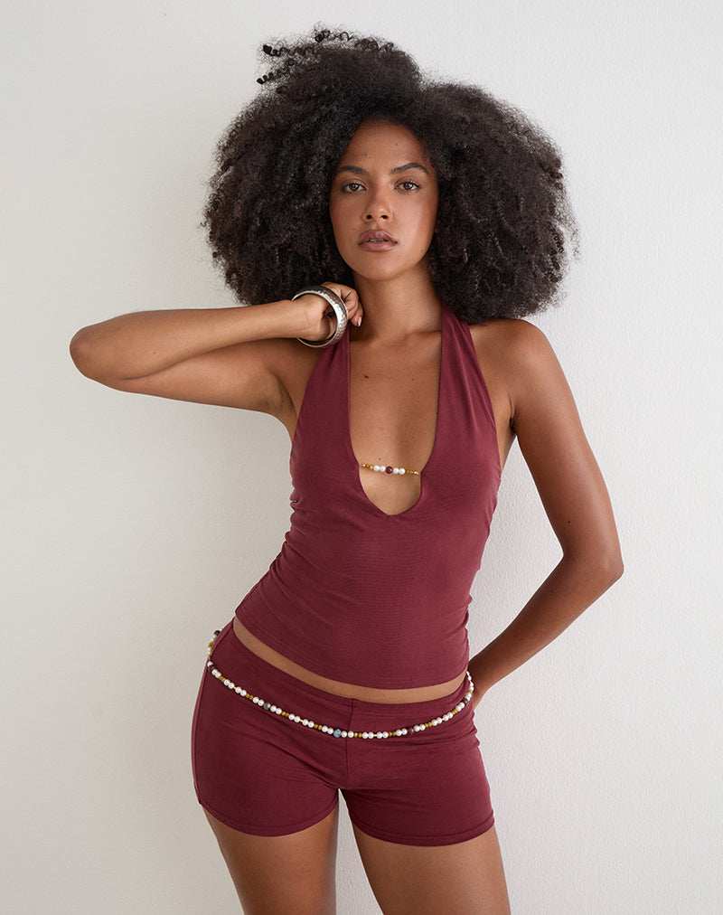 Grizel Halterneck Top with Pearl Trim in Cupro Burgundy