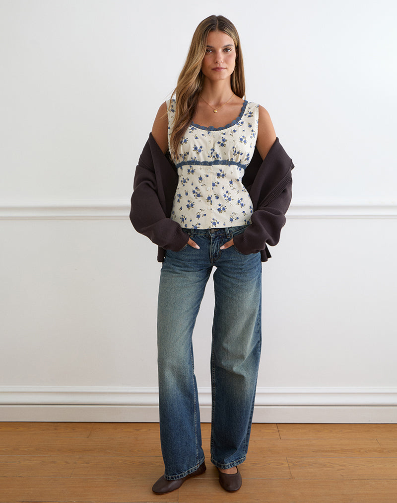 Gronini Top in Ditsy Leaf Rose Navy