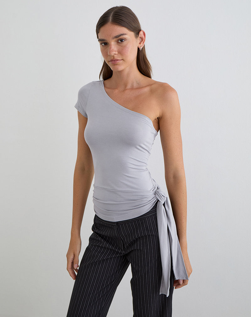 Gryfina Tie Belt Top in Rayon Jersey Lilac Grey
