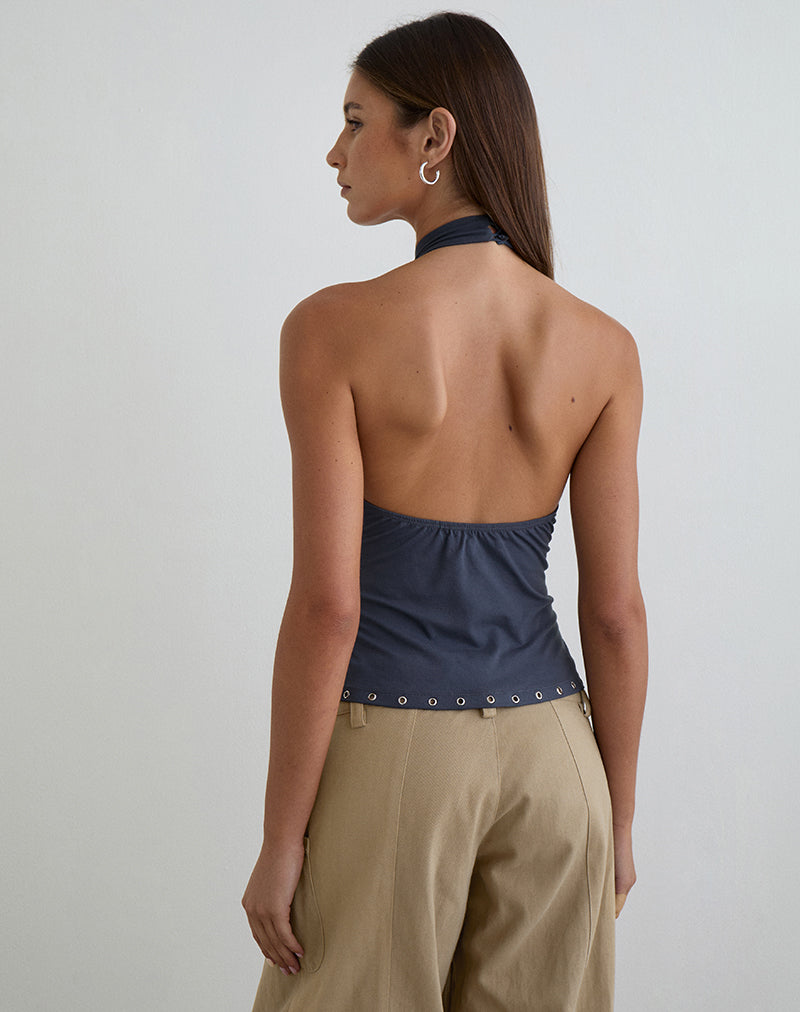 Gyomei Wrap Top in Jersey Ocean Storm with Eyelets
