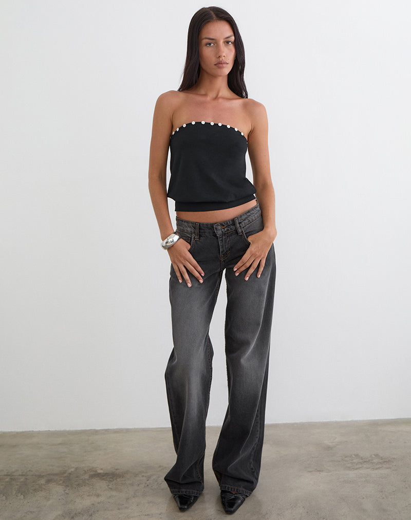 Hagar Top in Black with Pearl Button Trim