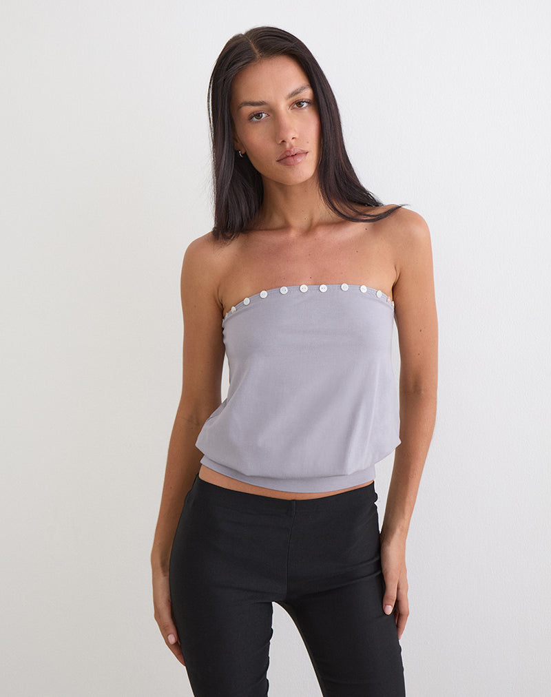 Hagar Top in Lilac Grey with Pearl Button Trim