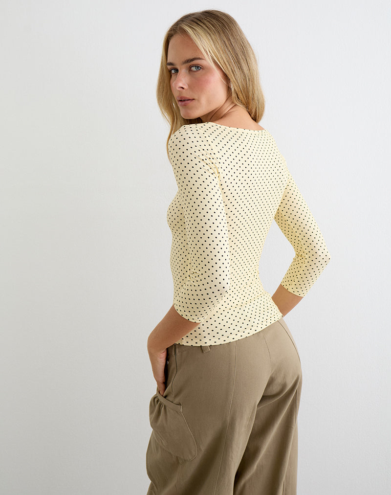 Ione Quarter Sleeve Top in Butter Yellow with Micro Polka Dots