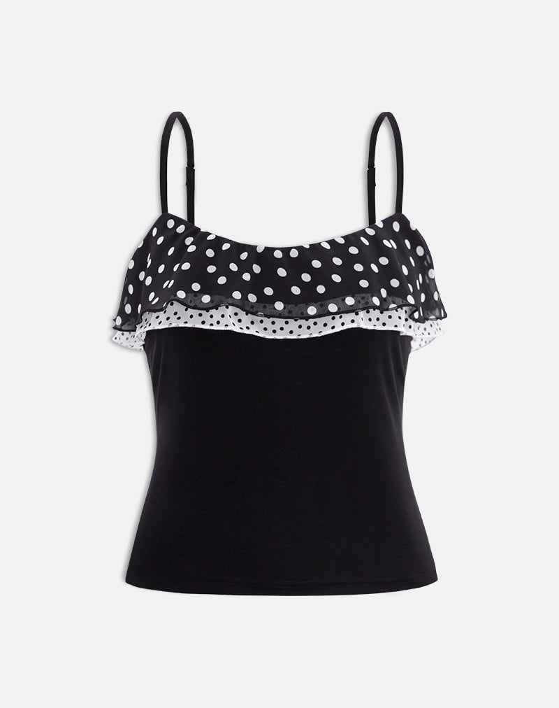 Iridia Top in Cupro Black with Tiny Polka Ruffles