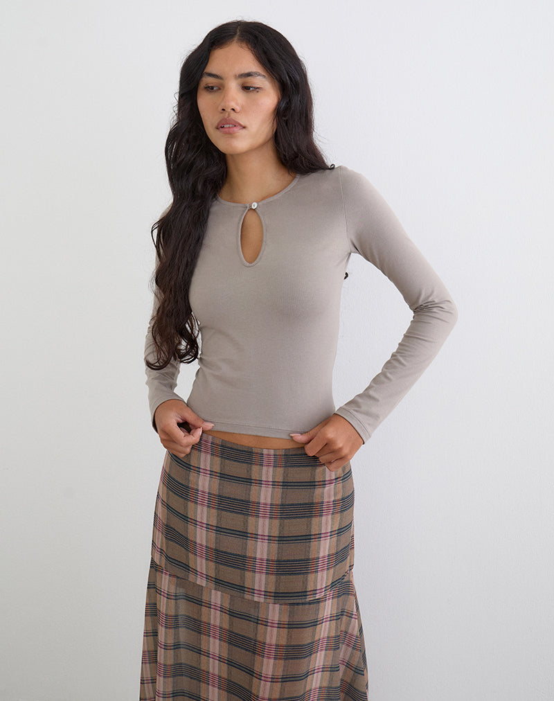 Jenji Long Sleeve Top with Pearl Button in Moon Rock