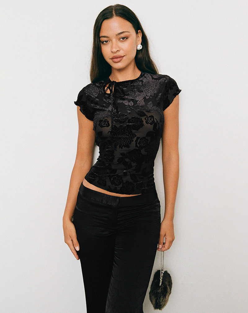 Jiwon Keyhole Top in Burn Out Mesh Black