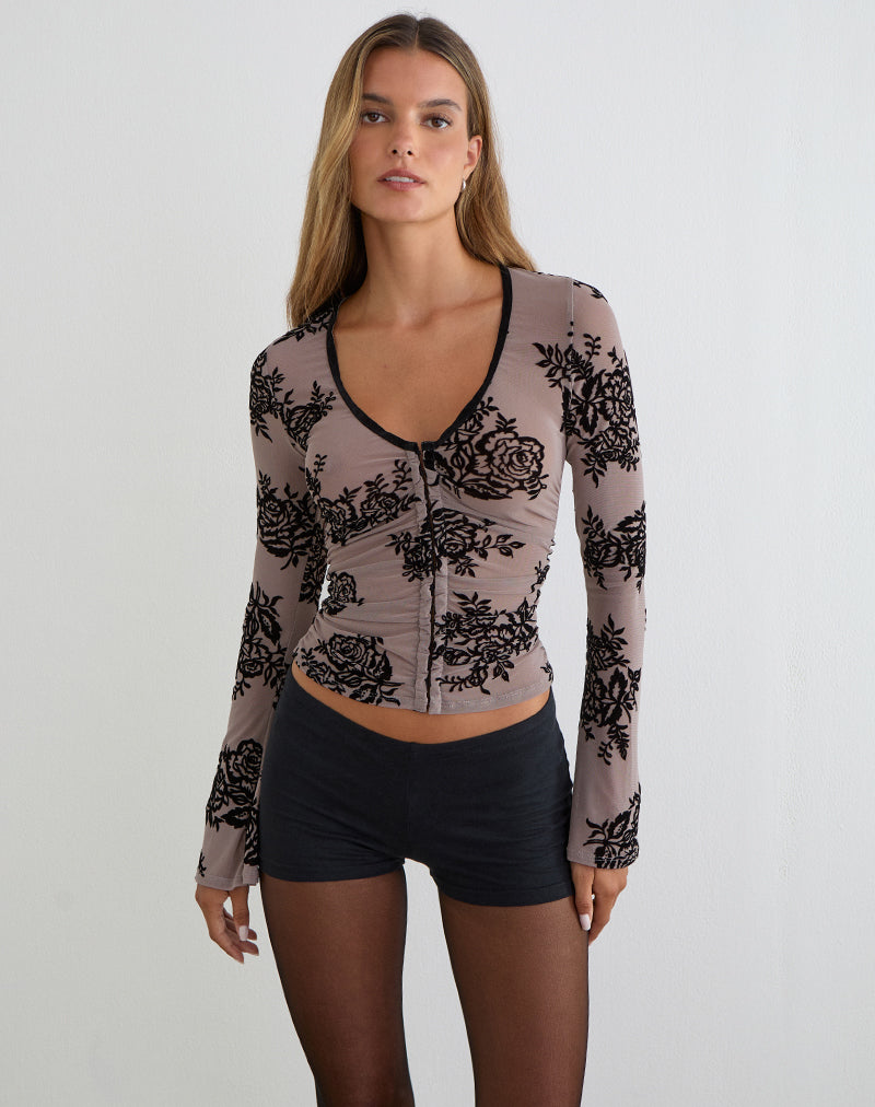 Jumah Top in Taupe Grey with Bold Floral Flock