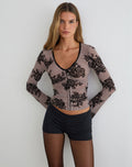 Jumah Top in Taupe Grey with Bold Floral Flock