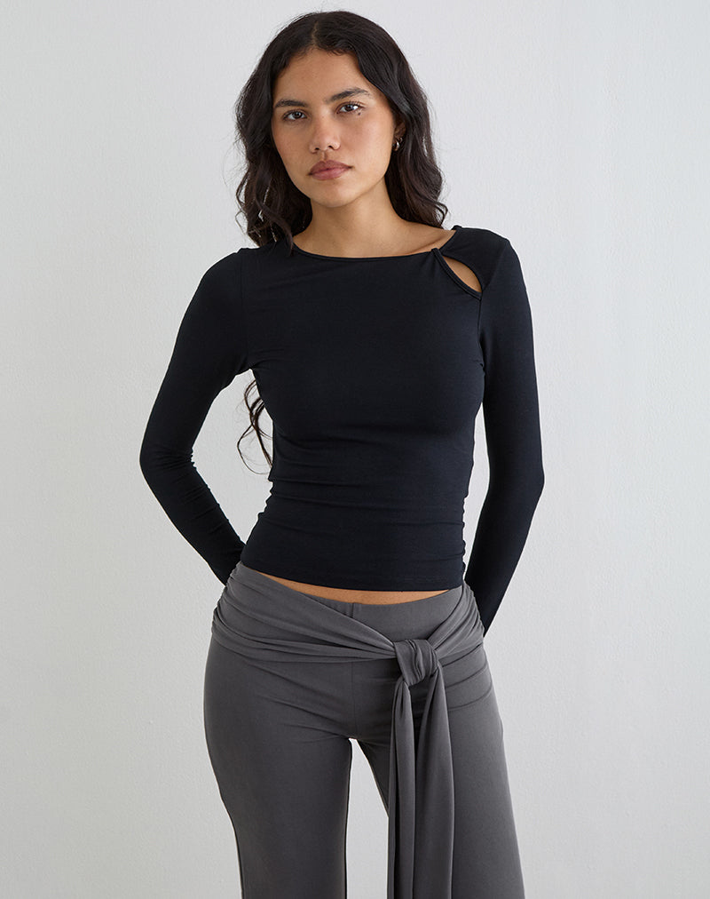 Kalais Long Sleeve Twisted Neckline Top in Black