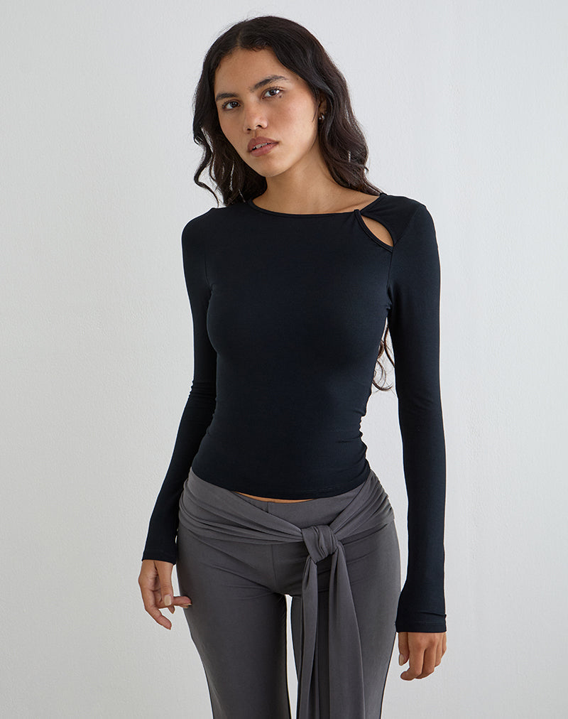 Kalais Long Sleeve Twisted Neckline Top in Black