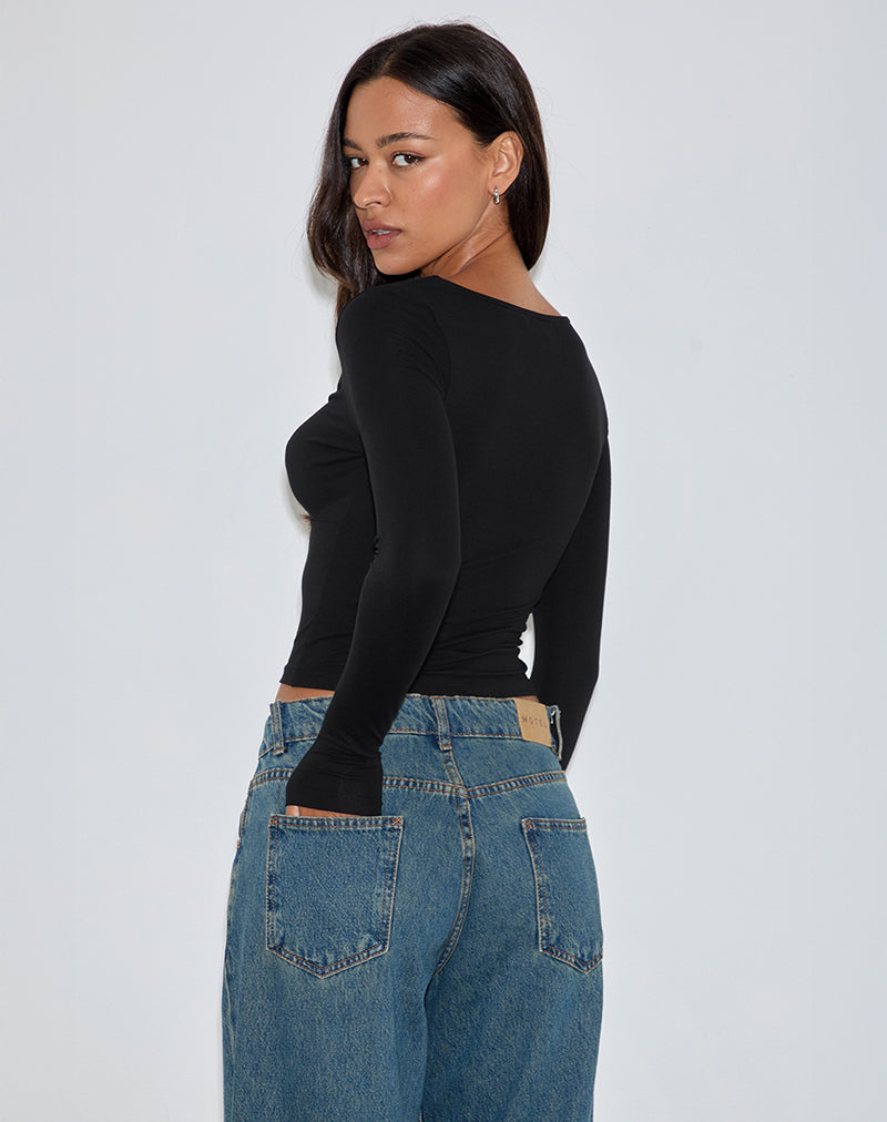 Kamisu Long Sleeve Keyhole Top in Black