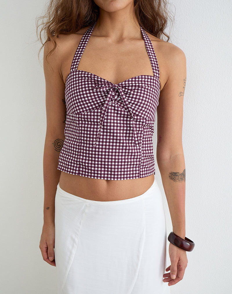 Kampi Halterneck Top in Mini Gingham Wine