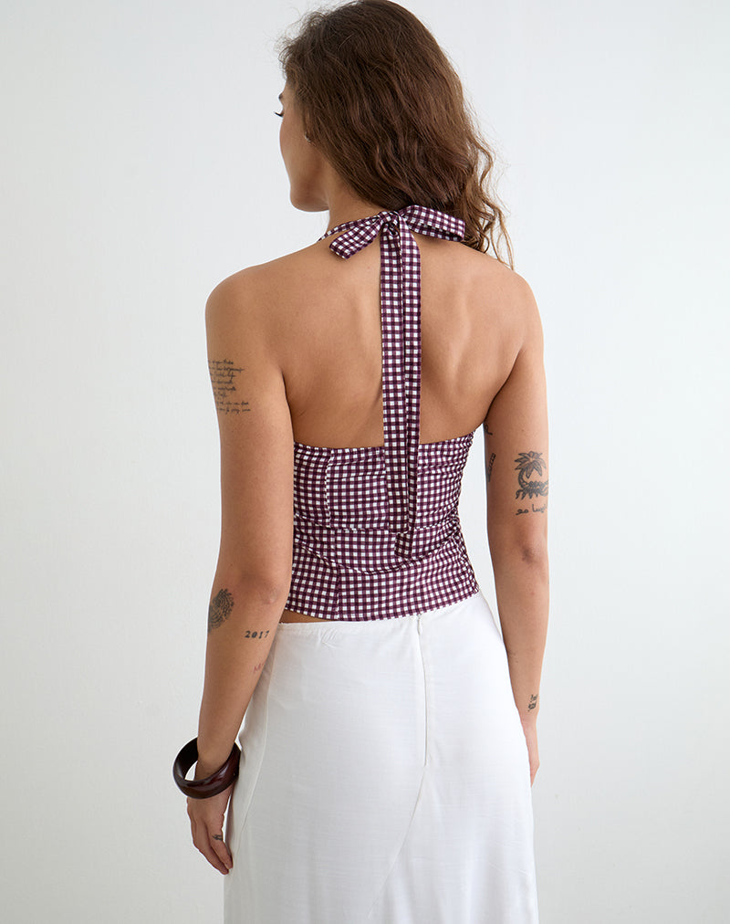 Kampi Halterneck Top in Mini Gingham Wine