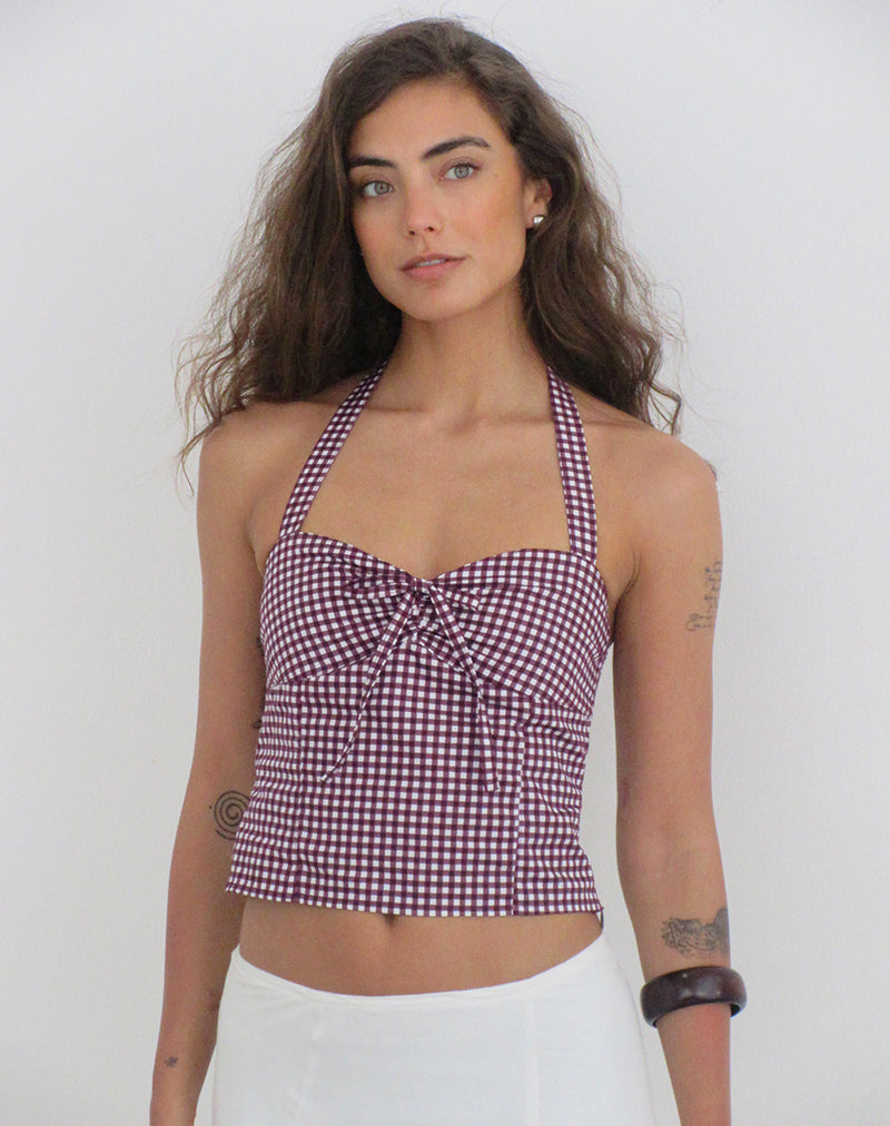 Kampi Halterneck Top in Mini Gingham Wine