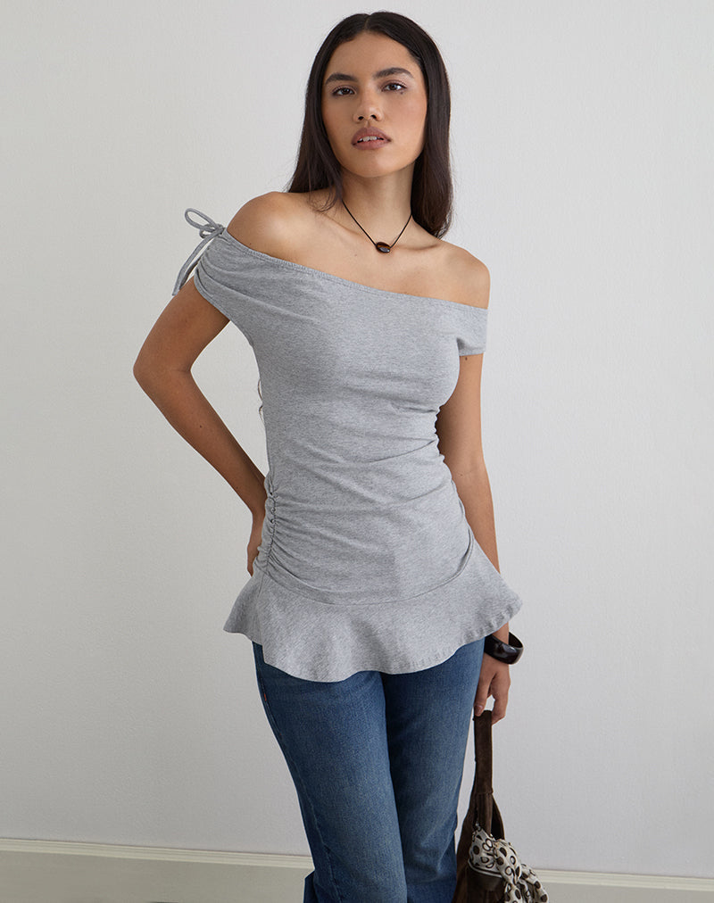 Kanao Bardot Frill Top in Grey Marl