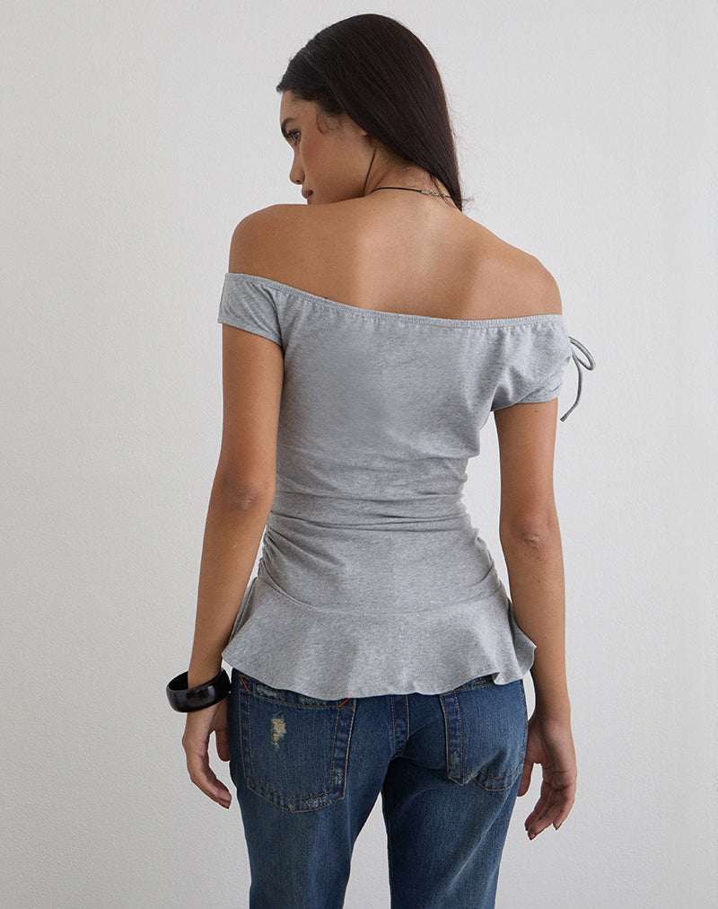 Kanao Bardot Frill Top in Grey Marl