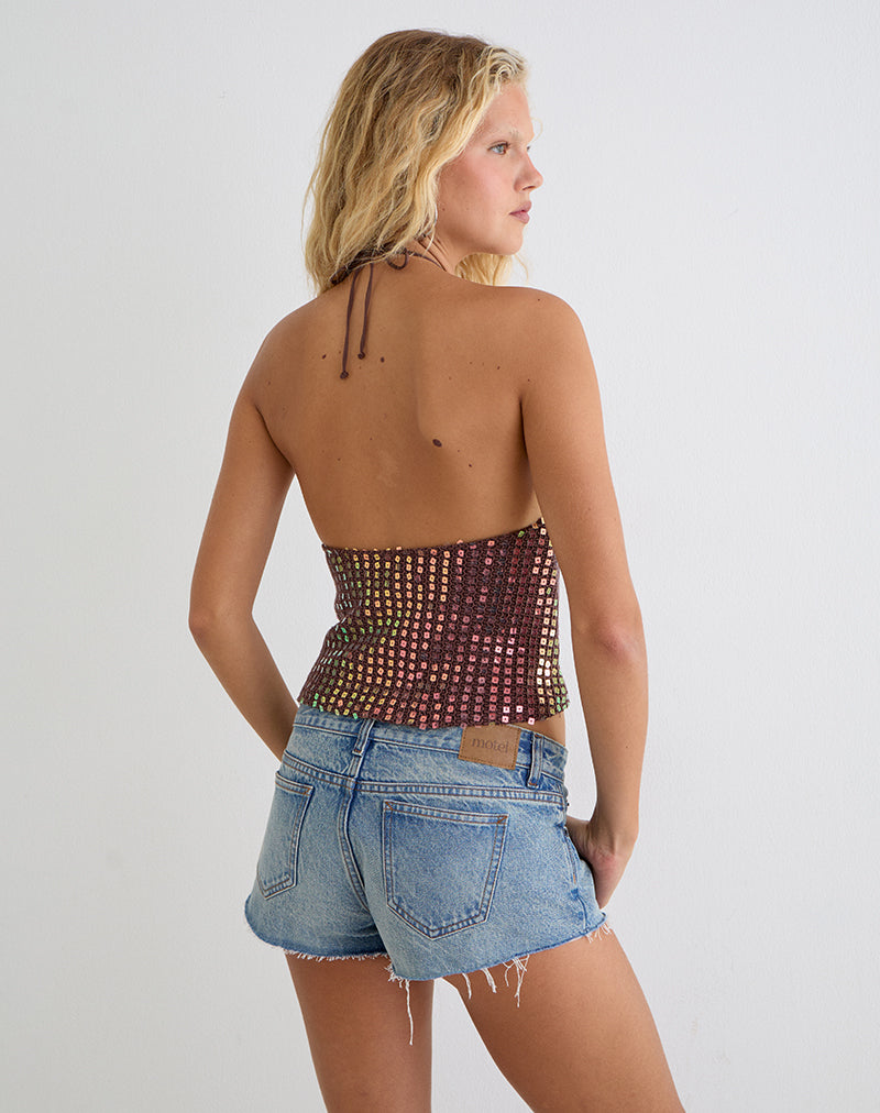 Kelabu Halterneck Top in Sequin Knit Dark Brown