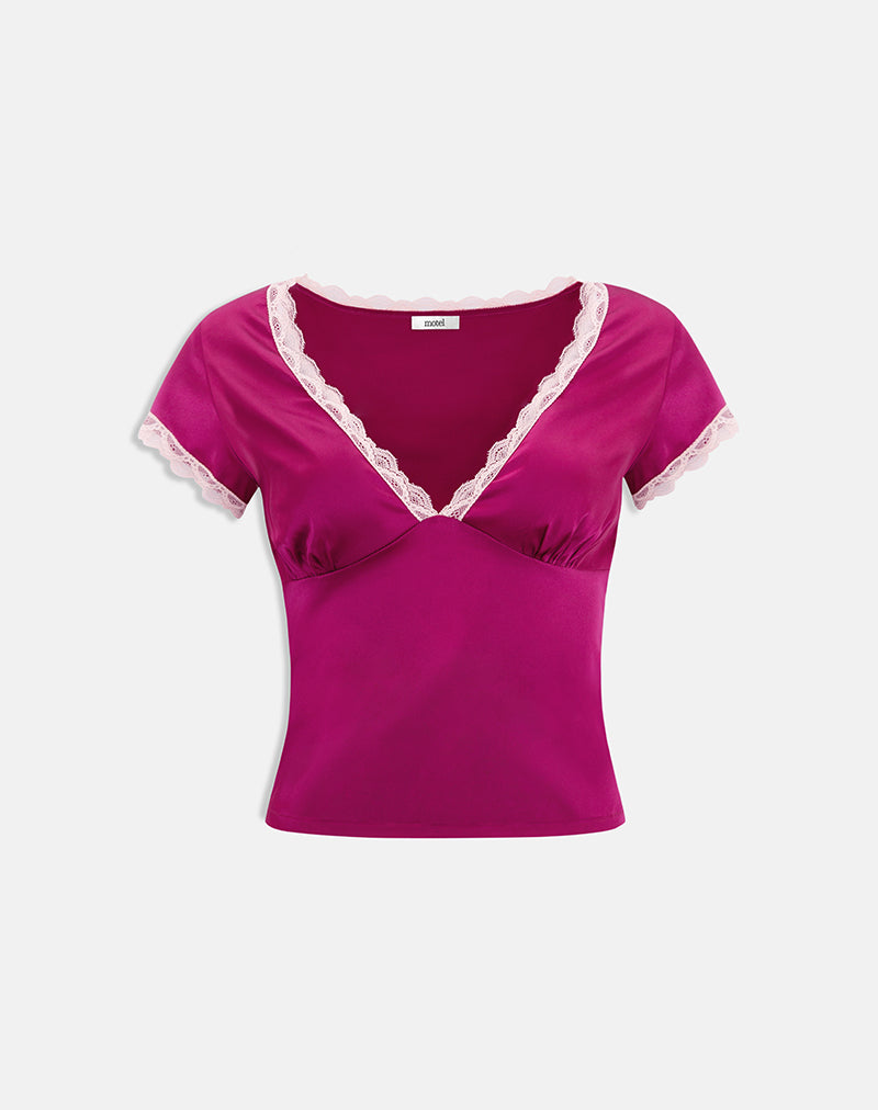 Kinnas Top with Lace Trim in Satin Berry