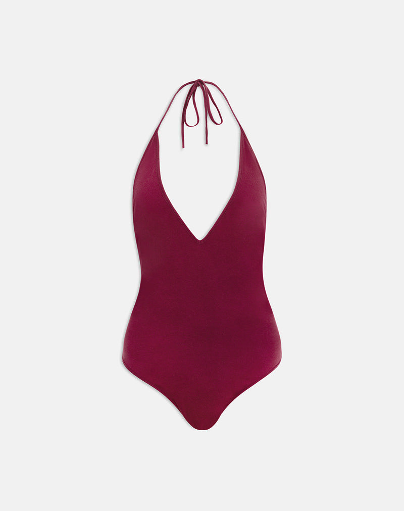 Kitty Deep Plunge Bodysuit in Burgundy