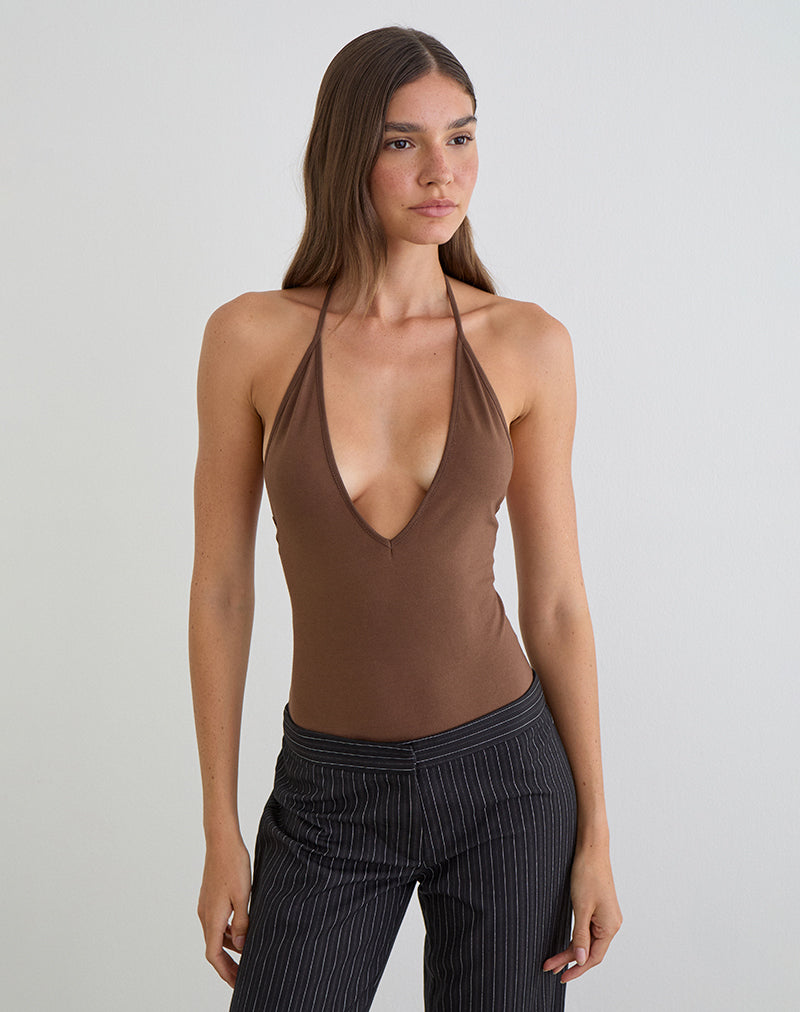 Kitty Deep Plunge Bodysuit in Cocoa