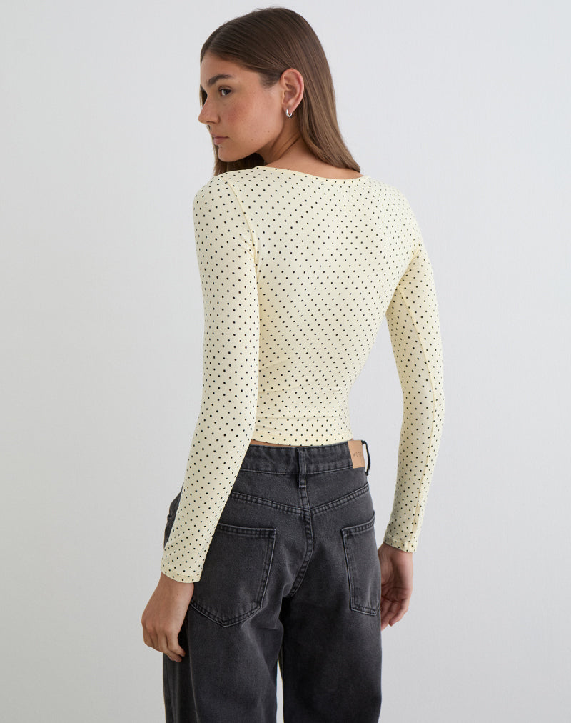 Kline Long Sleeve Tie Front Top in Rayon Jersey Micro Polka Cream