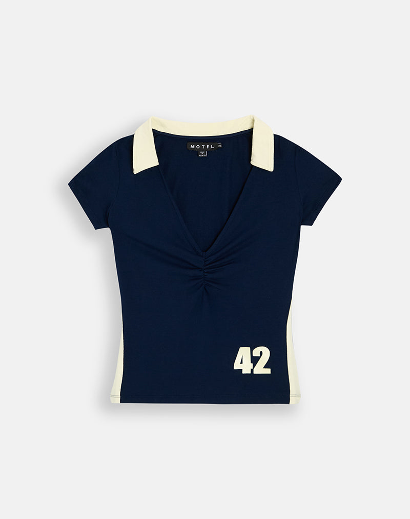 Kufu Top in Navy with Lemon Collar Trim and 42 Print