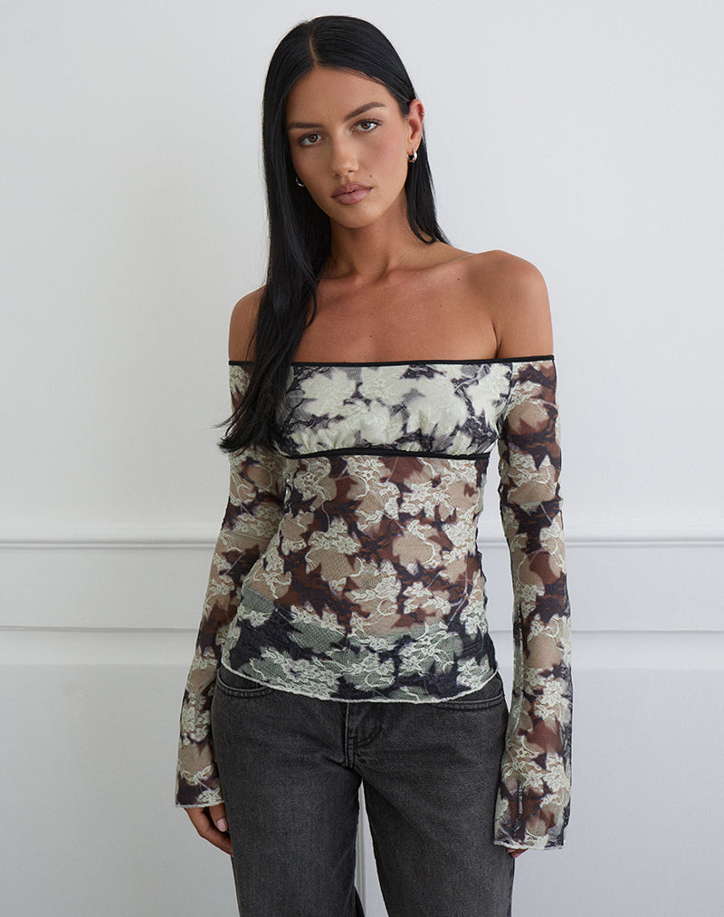 Laluna Top in Silhouette Leaf Ivory Black
