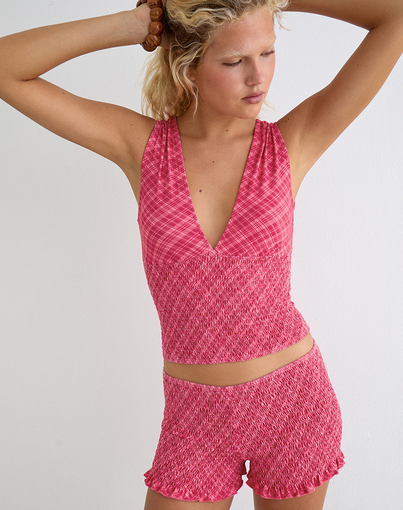 Lantia Shirred Top in Tilted Check Pink