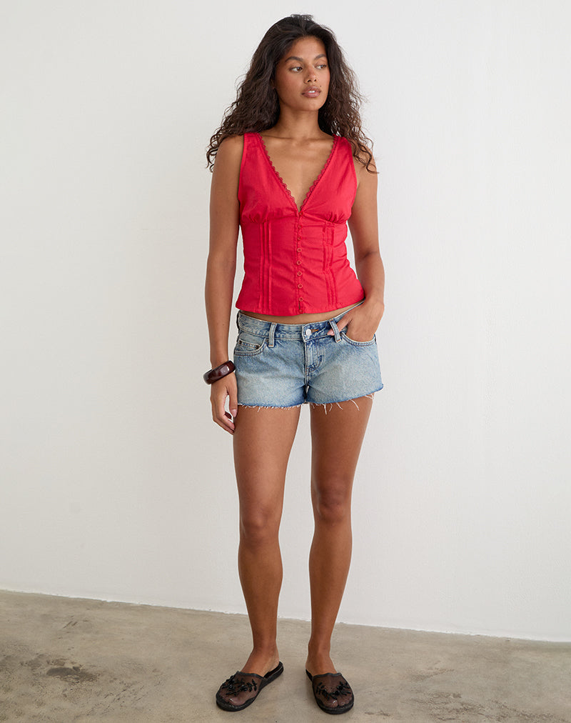 Lasily V Neck Corset Top in Poplin Scarlet Red