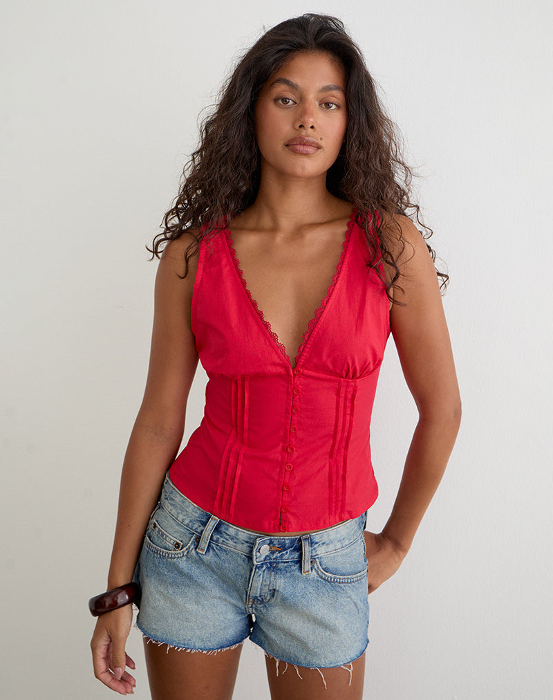 Lasily V Neck Corset Top in Poplin Scarlet Red