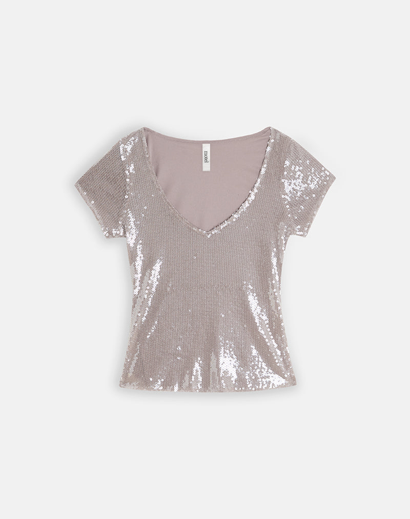 Lauren V Neck Top in Sequin Mauve