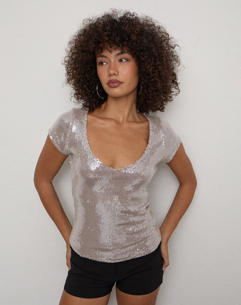 Lauren V Neck Top in Sequin Mauve