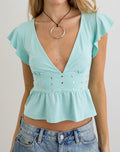 Leisma Frill Top in Jersey Aqua with Studs