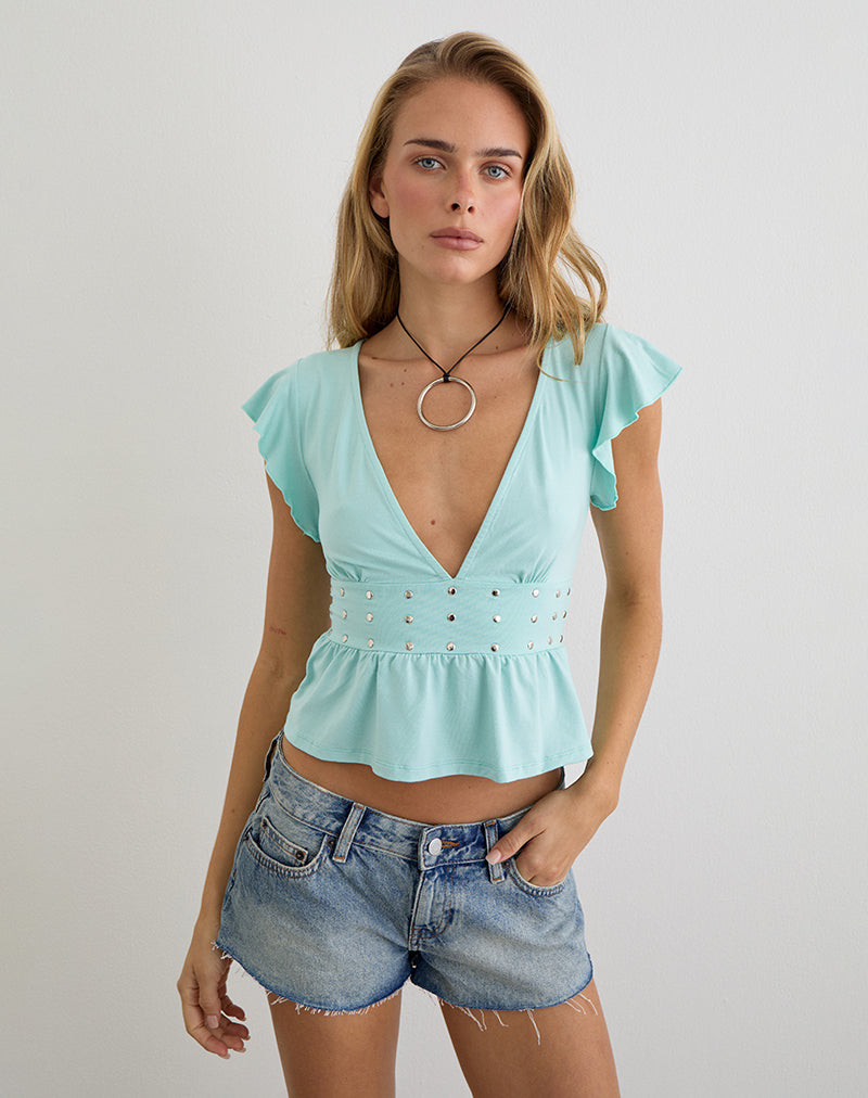 Leisma Frill Top in Jersey Aqua with Studs
